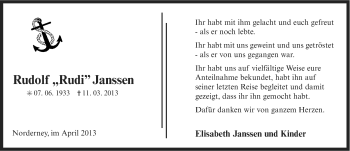 Traueranzeige von Rudolf Janssen von Ostfriesischer Kurier