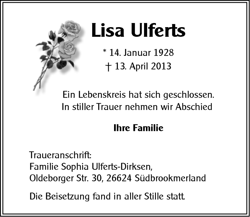  Traueranzeige für Lisa Ulferts vom 23.04.2013 aus Ostfriesischer Kurier