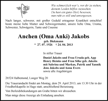 Traueranzeige von Anchen Jakobs von Ostfriesischer Kurier