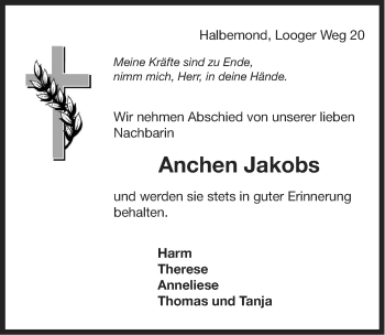 Traueranzeige von Anchen Jakobs von Ostfriesischer Kurier
