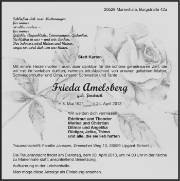 Traueranzeige von Frieda Amelsberg von Ostfriesischer Kurier