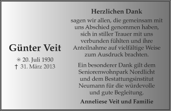 Traueranzeige von Günter Veit von Ostfriesischer Kurier