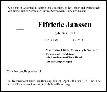 Traueranzeige von Elfriede Janssen von Ostfriesischer Kurier