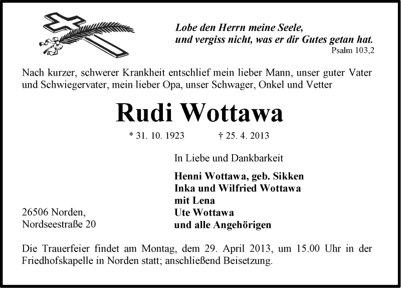  Traueranzeige für Rudi Wottawa vom 26.04.2013 aus Ostfriesischer Kurier