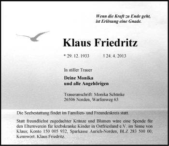 Traueranzeige von Klaus Friedritz von Ostfriesischer Kurier