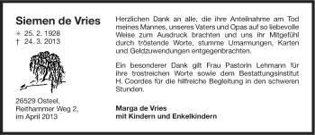 Traueranzeige von Siemen de Vries von Ostfriesischer Kurier
