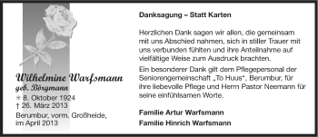 Traueranzeige von Wilhelmine Warfsmann von Ostfriesischer Kurier