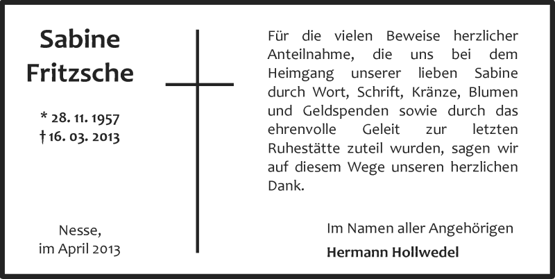  Traueranzeige für Sabine Fritzsche vom 27.04.2013 aus Ostfriesischer Kurier