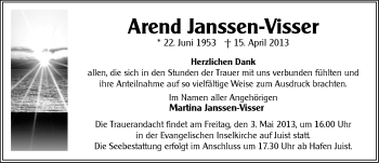 Traueranzeige von Arend Janssen-Visser von Ostfriesischer Kurier