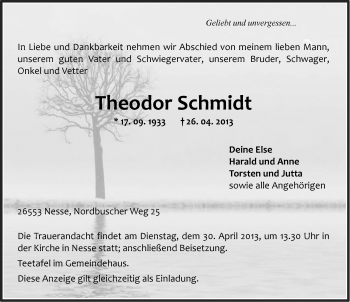Traueranzeige von Theodor Schmidt von Ostfriesischer Kurier