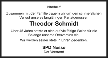 Traueranzeige von Theodor Schmidt von Ostfriesischer Kurier