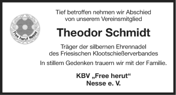 Traueranzeige von Theodor Schmidt von Ostfriesischer Kurier