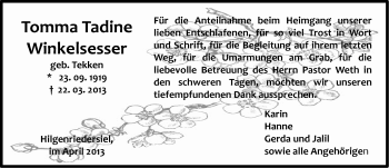 Traueranzeige von Tomma Tadine Winkelsesser von Ostfriesischer Kurier