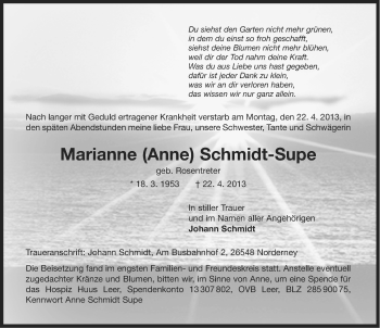Traueranzeige von Marianne Schmidt-Supe von Ostfriesischer Kurier
