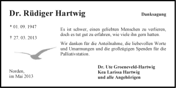 Traueranzeige von Rüdiger Hartwig von Ostfriesischer Kurier