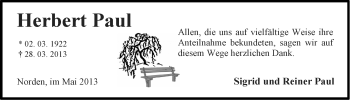 Traueranzeige von Herbert Paul von Ostfriesischer Kurier