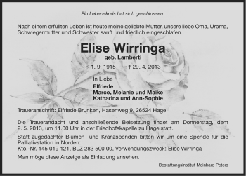 Traueranzeige von Elise Wirringa von Ostfriesischer Kurier