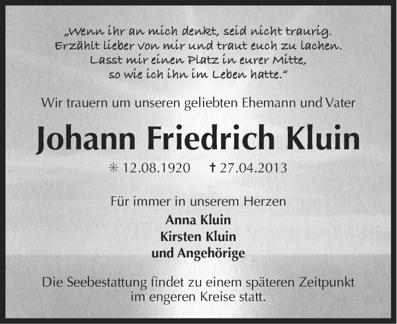  Traueranzeige für Johann Friedrich Kluin vom 30.04.2013 aus Ostfriesischer Kurier
