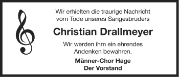 Traueranzeige von Christian Drallmeyer von Ostfriesischer Kurier
