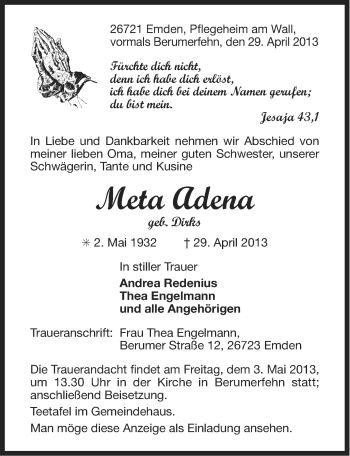 Traueranzeige von Meta Adena von Ostfriesischer Kurier