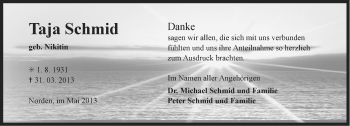 Traueranzeige von Taja Schmid von Ostfriesischer Kurier