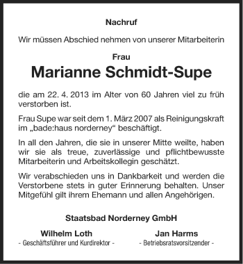 Traueranzeige von Marianne Schmidt-Supe von Ostfriesischer Kurier