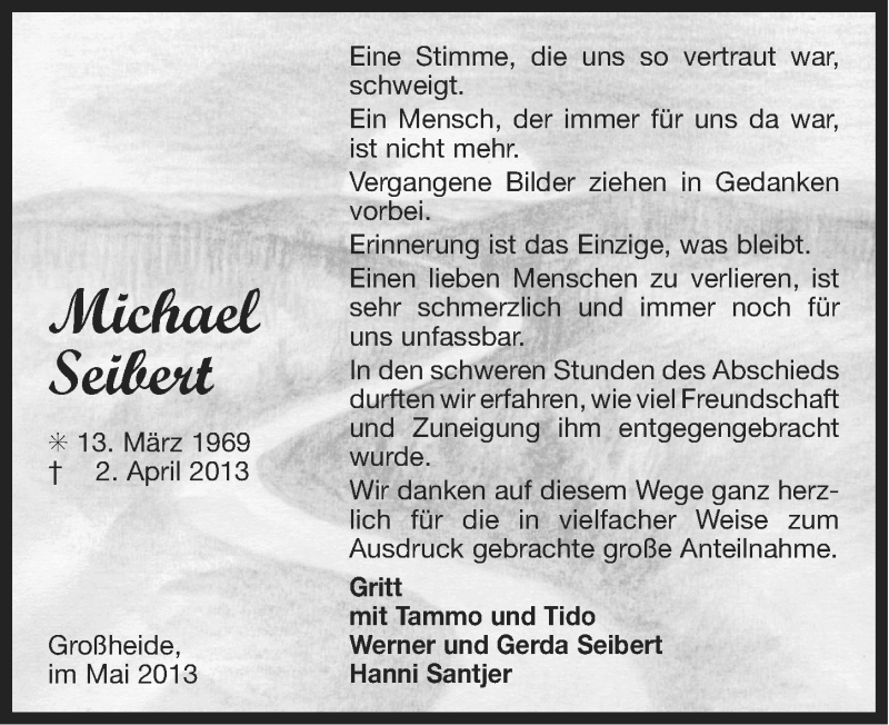  Traueranzeige für Michael Seibert vom 04.05.2013 aus Ostfriesischer Kurier