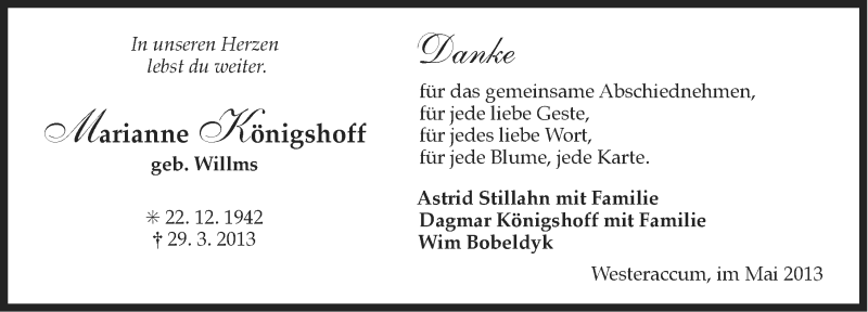  Traueranzeige für Marianne Königshoff vom 11.05.2013 aus Ostfriesischer Kurier