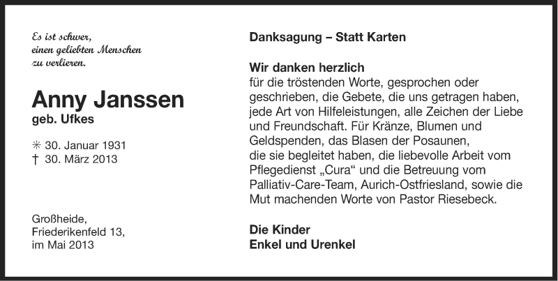 Traueranzeige für Anny Janssen vom 04.05.2013 aus Ostfriesischer Kurier