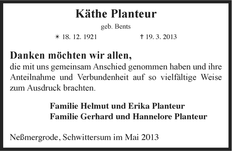  Traueranzeige für Käthe Planteur vom 04.05.2013 aus Ostfriesischer Kurier