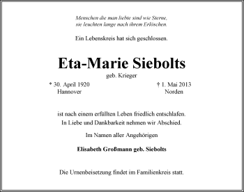 Traueranzeige von Eta-Marie Siebolts von Ostfriesischer Kurier