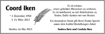 Traueranzeige von Coord Iken von Ostfriesischer Kurier