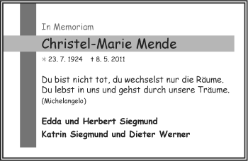 Traueranzeige von Christel-Marie Mende von Ostfriesischer Kurier