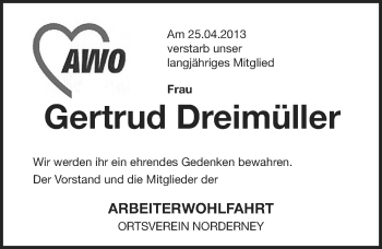 Traueranzeige von Gertrud Dreimüller von Ostfriesischer Kurier