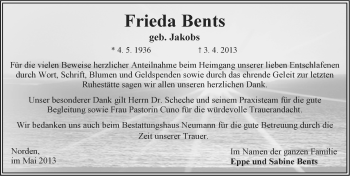 Traueranzeige von Frieda Bents von Ostfriesischer Kurier