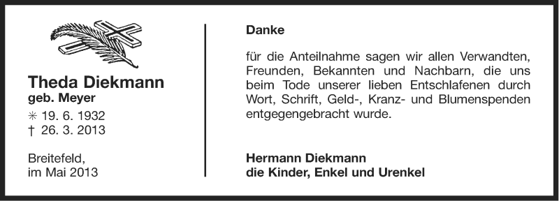  Traueranzeige für Theda Diekmann vom 11.05.2013 aus Ostfriesischer Kurier