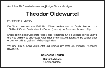 Traueranzeige von Theodor Oldewurtel von Ostfriesischer Kurier