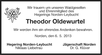 Traueranzeige von Theodor Oldewurtel von Ostfriesischer Kurier