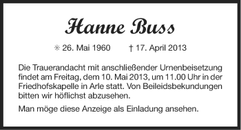 Traueranzeige von Hanne Buss von Ostfriesischer Kurier