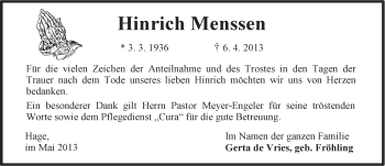 Traueranzeige von Hinrich Menssen von Ostfriesischer Kurier