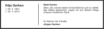 Traueranzeige von Ihtje Gerken von Ostfriesischer Kurier