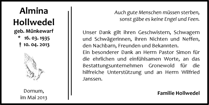  Traueranzeige für Almina Hollwedel vom 11.05.2013 aus Ostfriesischer Kurier