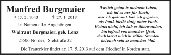 Traueranzeige von Manfred Burgmaier von Ostfriesischer Kurier