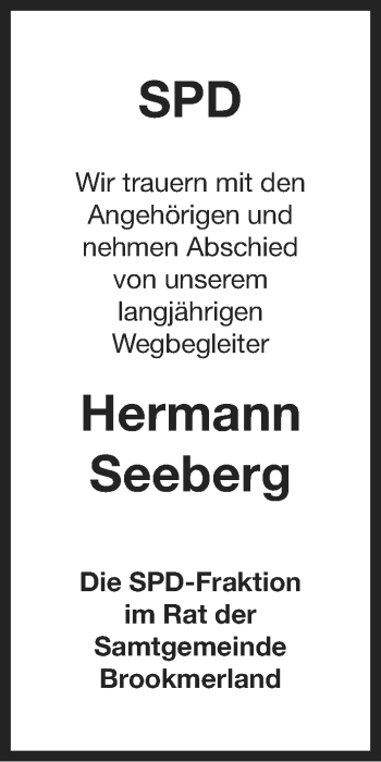 Traueranzeige von Hermann Seeberg von Ostfriesischer Kurier