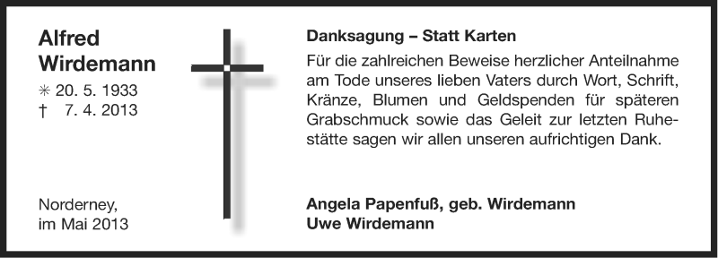  Traueranzeige für Alfred Wirdemann vom 13.05.2013 aus Ostfriesischer Kurier