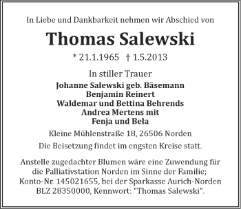 Traueranzeige von Thomas Salewski von Ostfriesischer Kurier