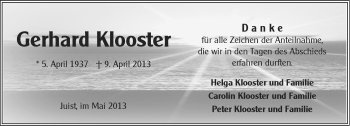 Traueranzeige von Gerhard Klooster von Ostfriesischer Kurier