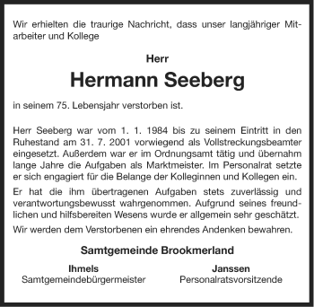 Traueranzeige von Hermann Seeberg von Ostfriesischer Kurier