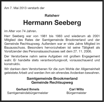 Traueranzeige von Hermann Seeberg von Ostfriesischer Kurier