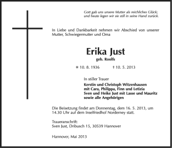 Traueranzeige von Erika Just von Ostfriesischer Kurier